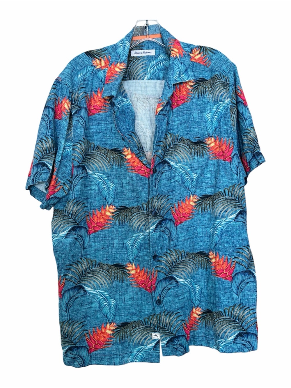Tommy Bahama Blue Tropical Floral Camp Shirt with Red-Orange Blooms Sz XL